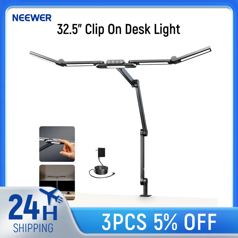 

NEEWRE BASICS 32.5" Clip On Desk Light for Home Office, 23W LED Dimmable Architect Table Clamp Lamp, 5 Light Bars