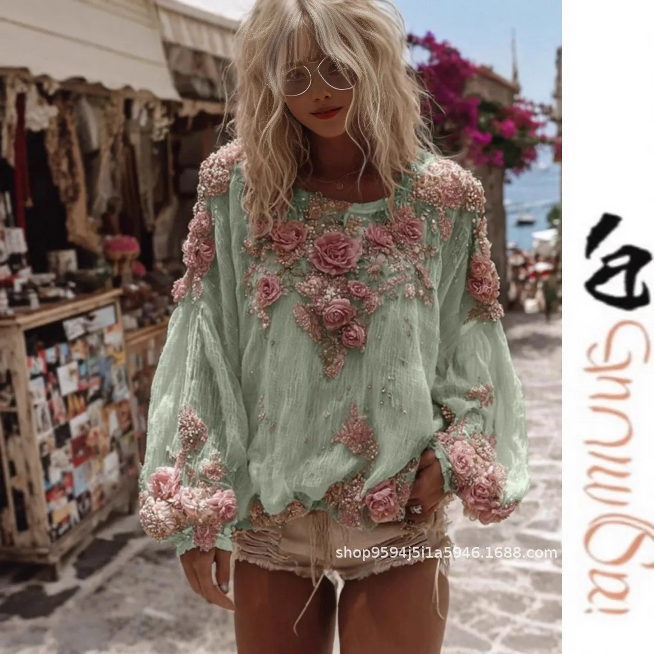 Round Neck Top Printed Long Sleeve Fresh Sweet 3D Pattern Mid Length Regular Fit Pullover Women Shirts with 3d Print Blouse