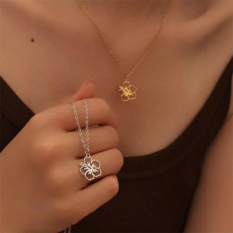 Edelstahl Hohle Blumen-Anhänger Halskette für Frauen Minimalistische Goldfarben Blumen-Halskette Charms Hochzeit Party Schmuck – Detail 11