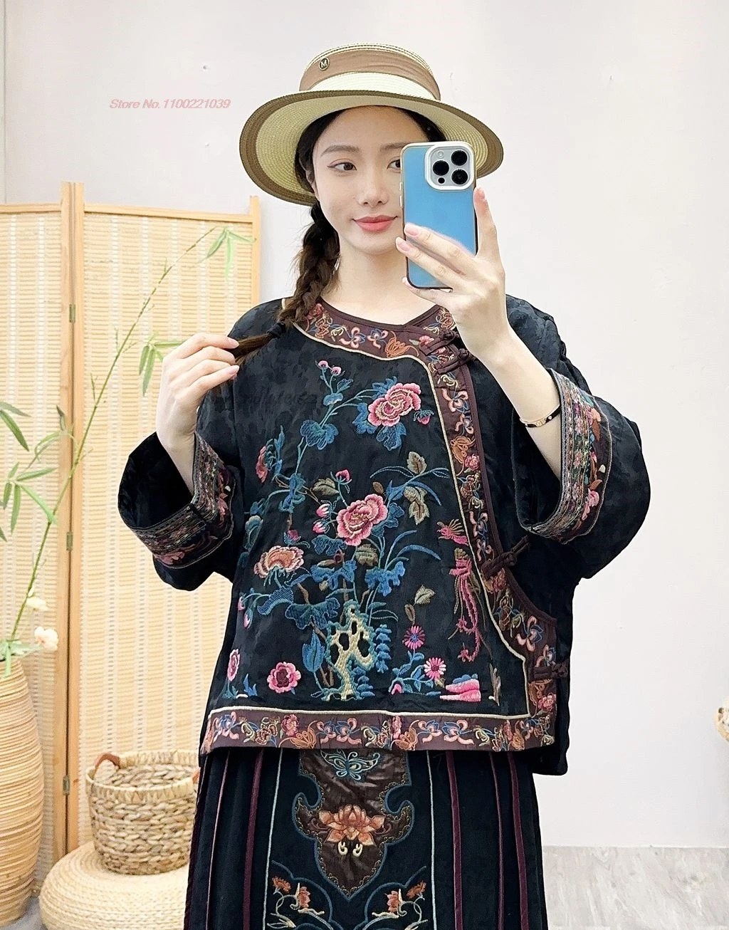 

2024 chinese vintage blouse national flower embroidery tang suit improved satin jacquard o-neck folk jacket oriental hanfu tops