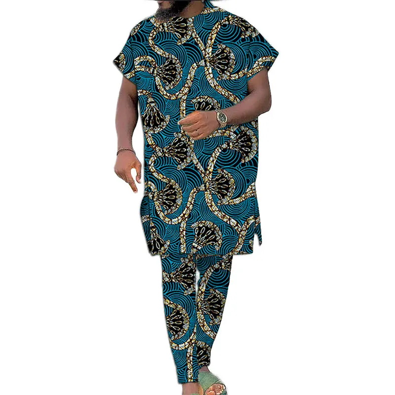 Original Design African Clothes Men's Set Raglan Sleeve Tops With Pant Nigerian Fashion Print Tailor Made Wedding Party Wear