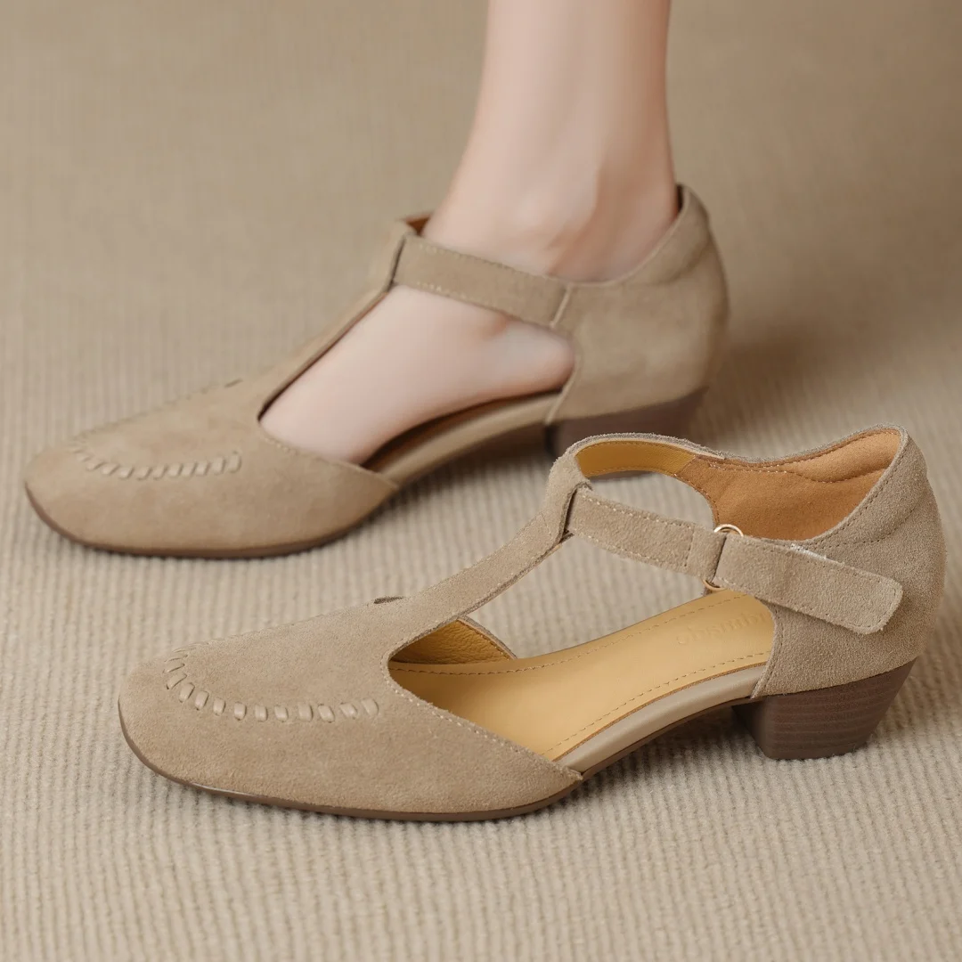 

danxuefei women's natural suede leather narrow band t-strap summer pumps 4cm thick med heel elegant ladies sandals shoes woman