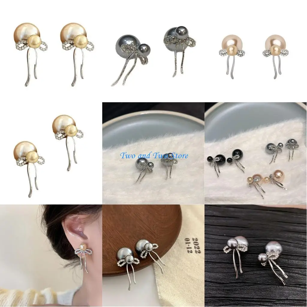 

HX6F Stylish Bowknot Studs Earrings Tassels Pearl Ear Clip Ornament for Women Ear Studs Jewelry Accessory for Fashion Lovers