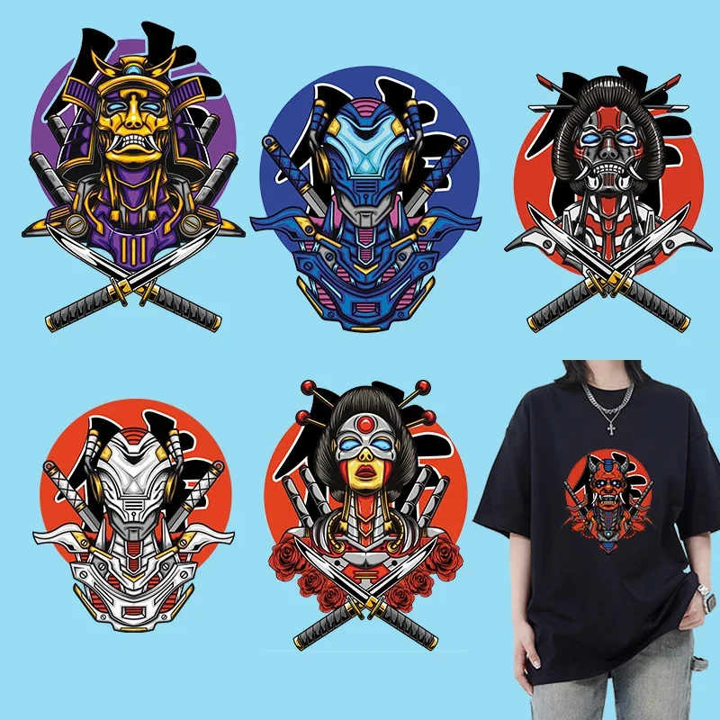 Cartoon Japanese samurai demon DTF Thermo Sticker Decals Heat Transfer On Clothes Iron On Patch For Hoodies Press Printing