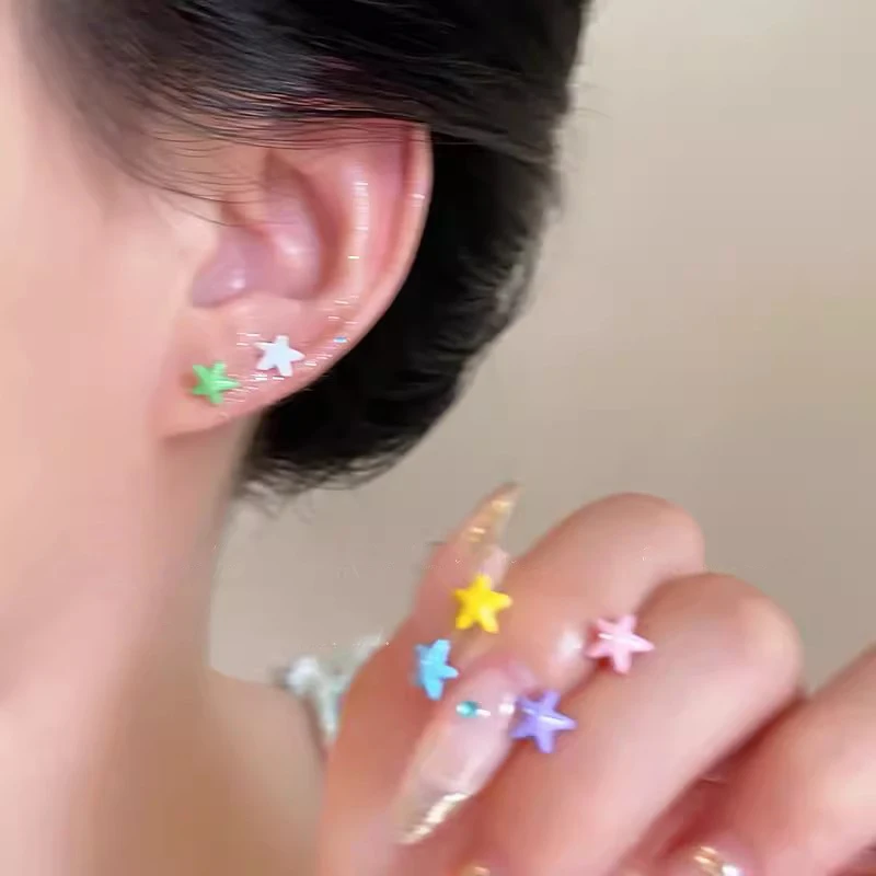 6 unids/set de pendientes de estrella coloridos estilo dopamina para mujeres y niñas, pendientes de cuentas pequeñas acrílicas dulces, joyería Simple de moda