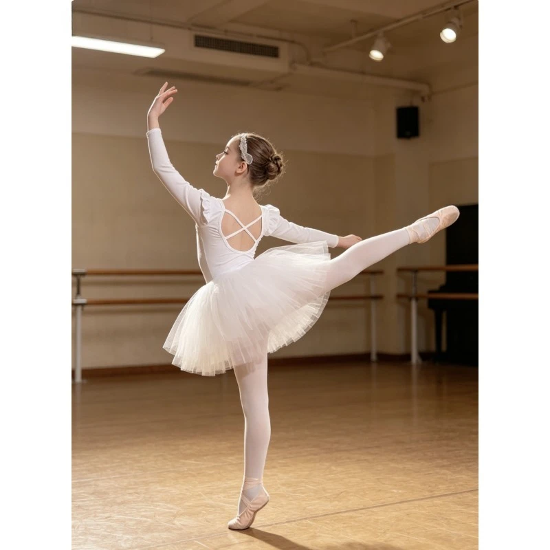 

Long Sleeve Criss-Cross Back Ballet Dance Costume for Girl Practice Outfits Gymnastics Children's Leotard with Skirt DancingWear
