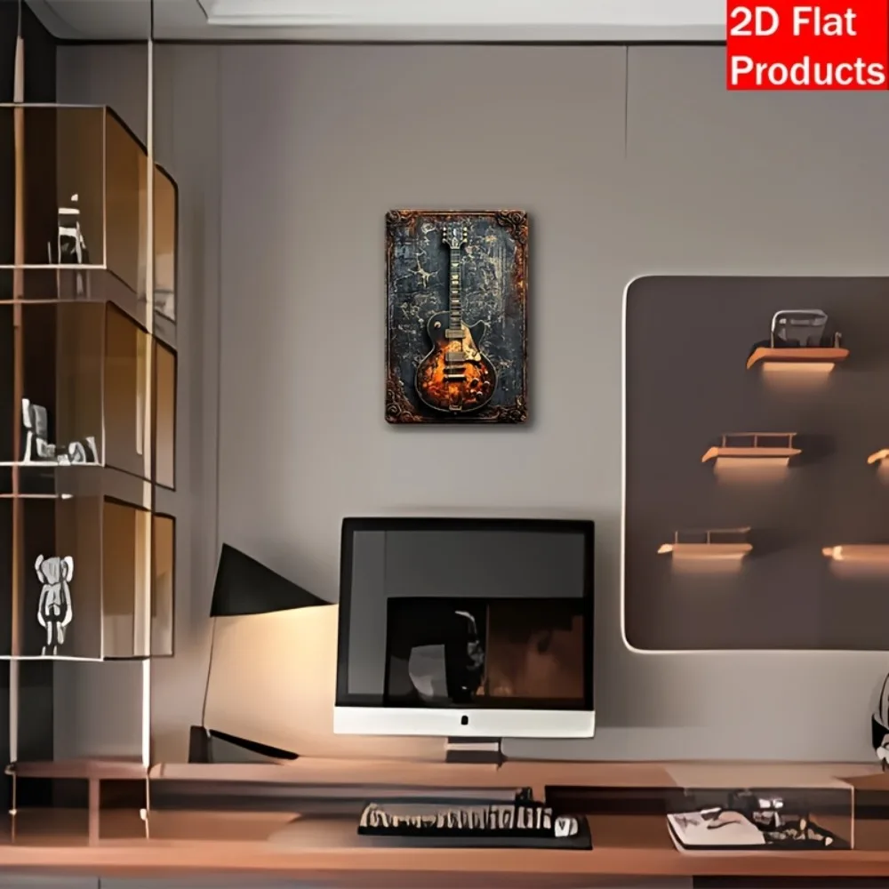 لوحة فنية جدارية معدنية على شكل جيتار ريفي مسطح عتيق ثنائي الأبعاد، لوحة حديدية مقاس 7.87 بوصة × 11.8 بوصة - ديكور منزلي/بار