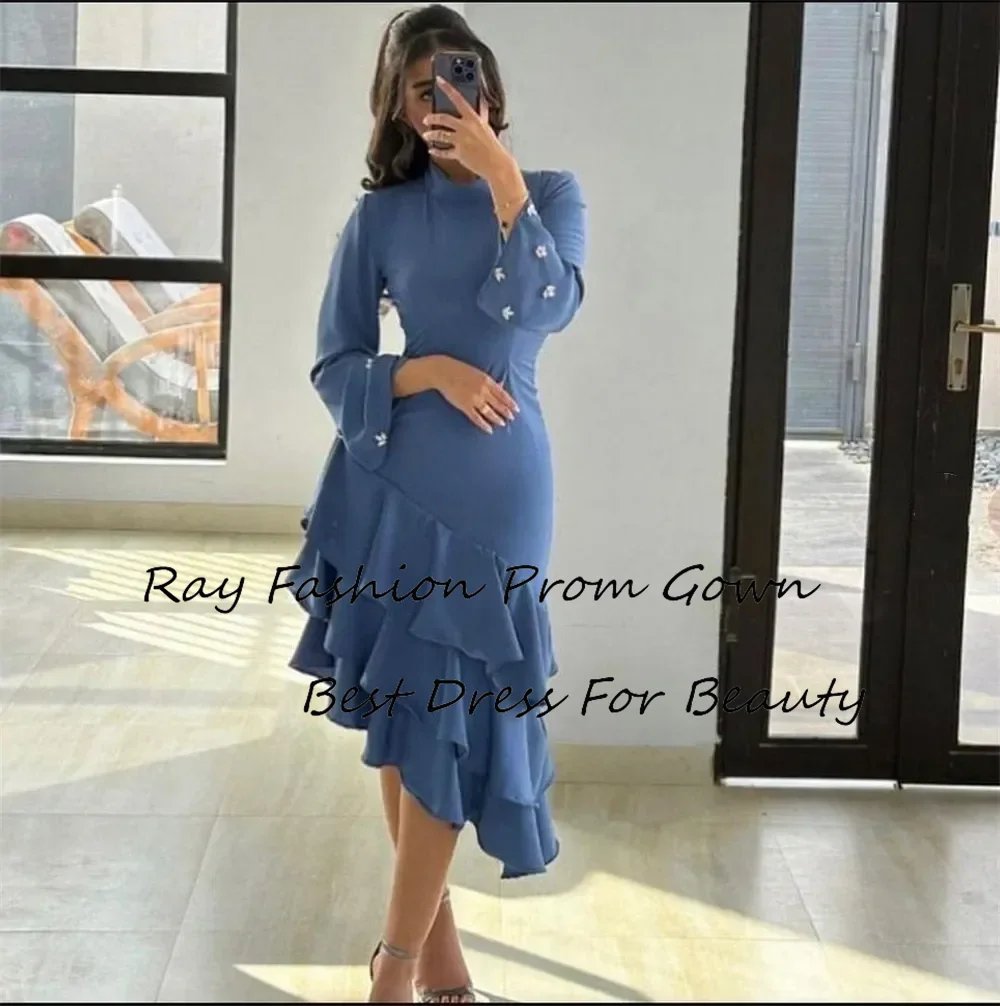 Ray Fashion A Line Evening Dress High Neck With Long Sleeves Crystal Tiered For Formal Occasion فساتين سهرة Saudi Arabia