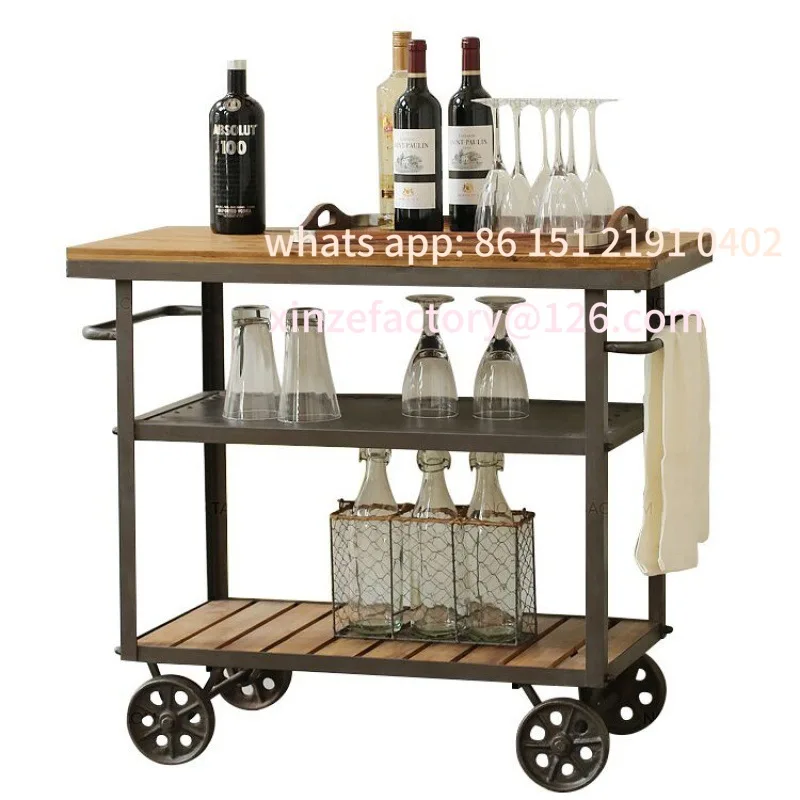 تخصيص الحديد الخشب الصلب خمر عربة الغذاء النبيذ الشاي عربة المطبخ المحمول الجرف ثلاثة طبقة عربة خزانة جانبية #4