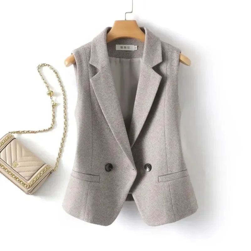 Damska Kamizelka Khaki Bez Rękawów Żakiet Krótka Kamizelka Płaszcz Jesień Zima Damskie Uniwersalne Blejzery Codzienne Topy Wąskie Płaszcze Top