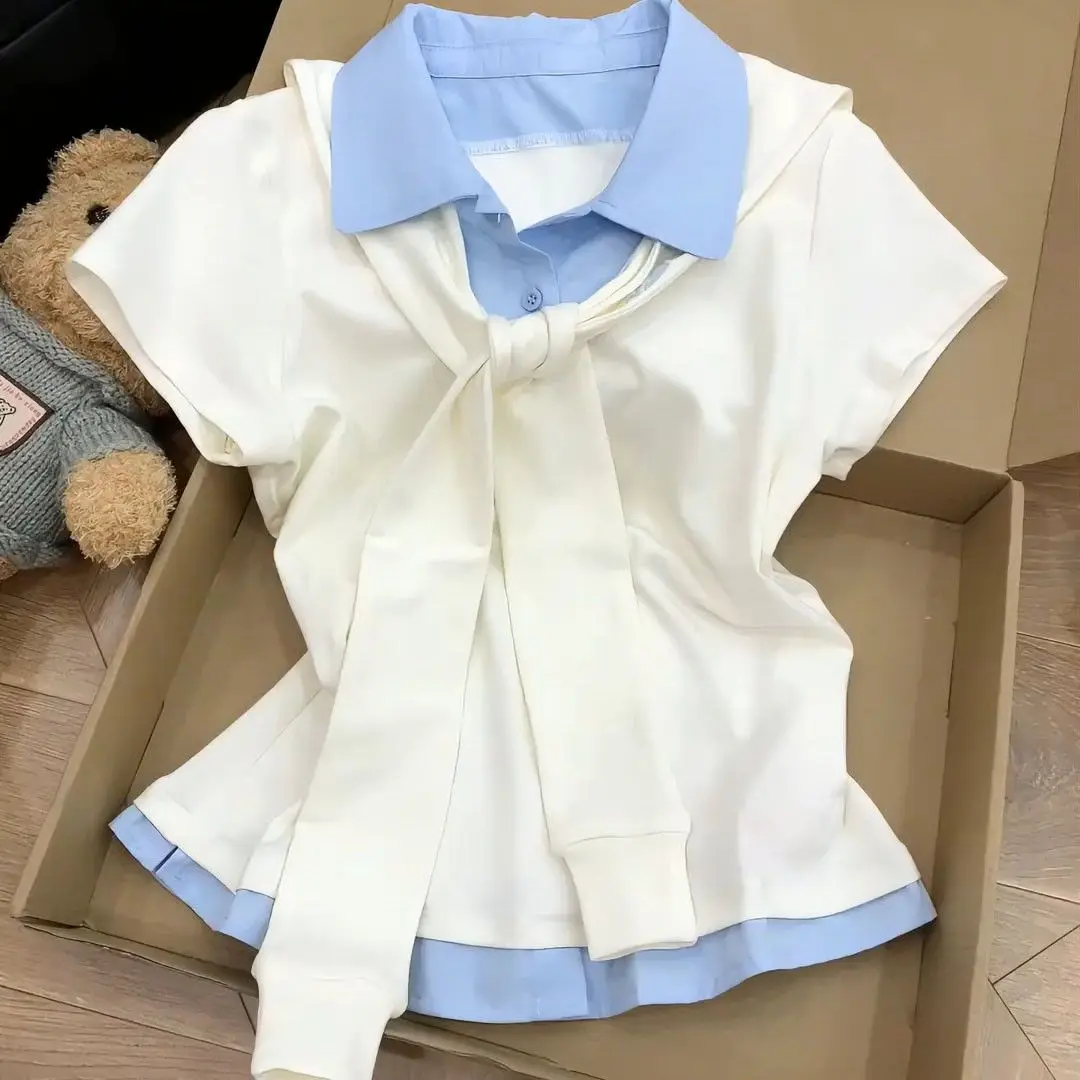 

Футболка Y2K в корейском стиле, милая, с эффектом двухслойности, в стиле пэчворк, винтажная, в стиле Харадзюку, с воротником поло, с коротким рукавом, летняя, шикарная