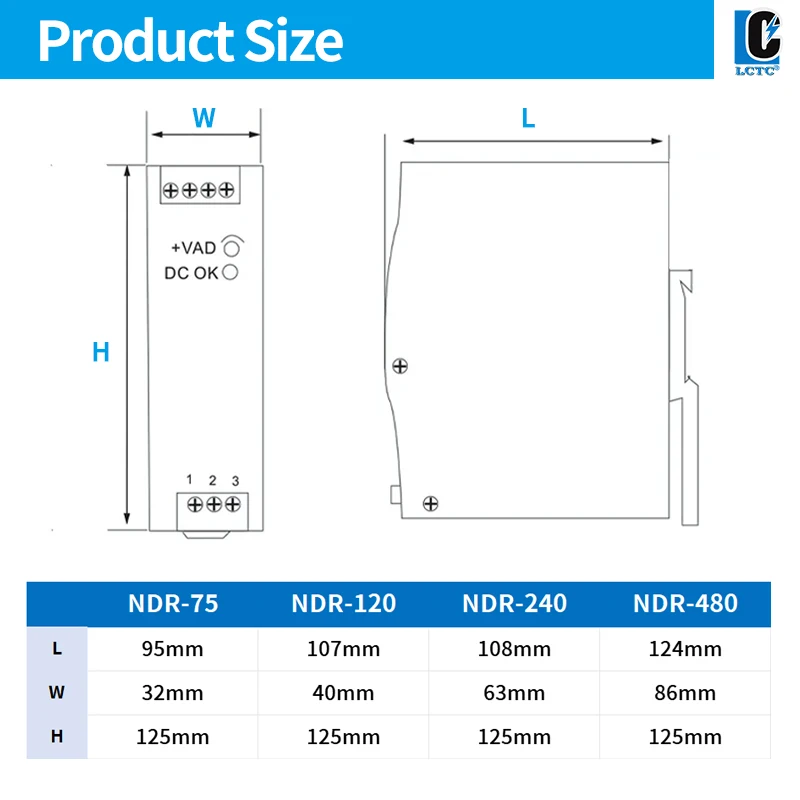 LCTC 12V/24V/48V Power Supply DC/AC DIN Rail Bench/Laboratory Power Supply Industrial Transformer 75W 120W 240W 480W NDR Series