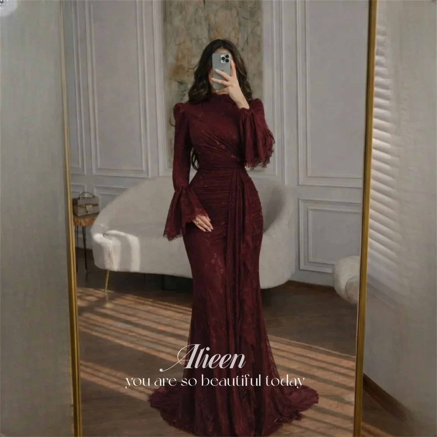 

Aileen Lace High Neck Burgundy Trumpet/Mermaid Evening Dress 2026 Full Floor-Length Prom Dress Formal Evening Customized
