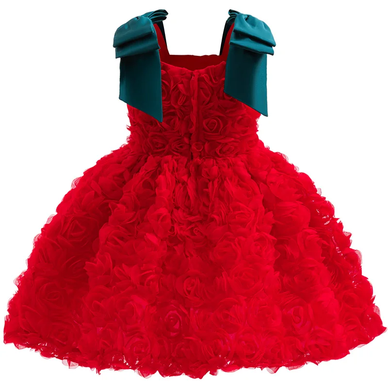 Gorgeous Elegant Girls Wedding Dress Red Floral Tutu Formal Christmas Ball Evening Dress Girls Clothes