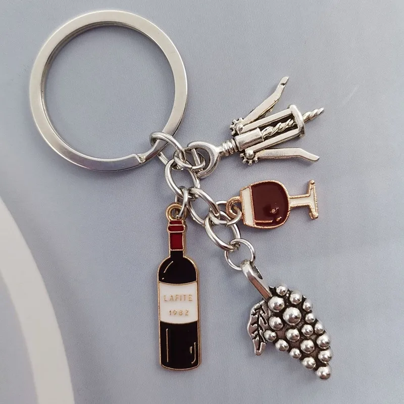 Metal Enamel Keychain Grape Red Wine Glass Cup Bottle Opener Key Ring Bar Key Chains For Women Men DIY Handmade Jewelry Gifts