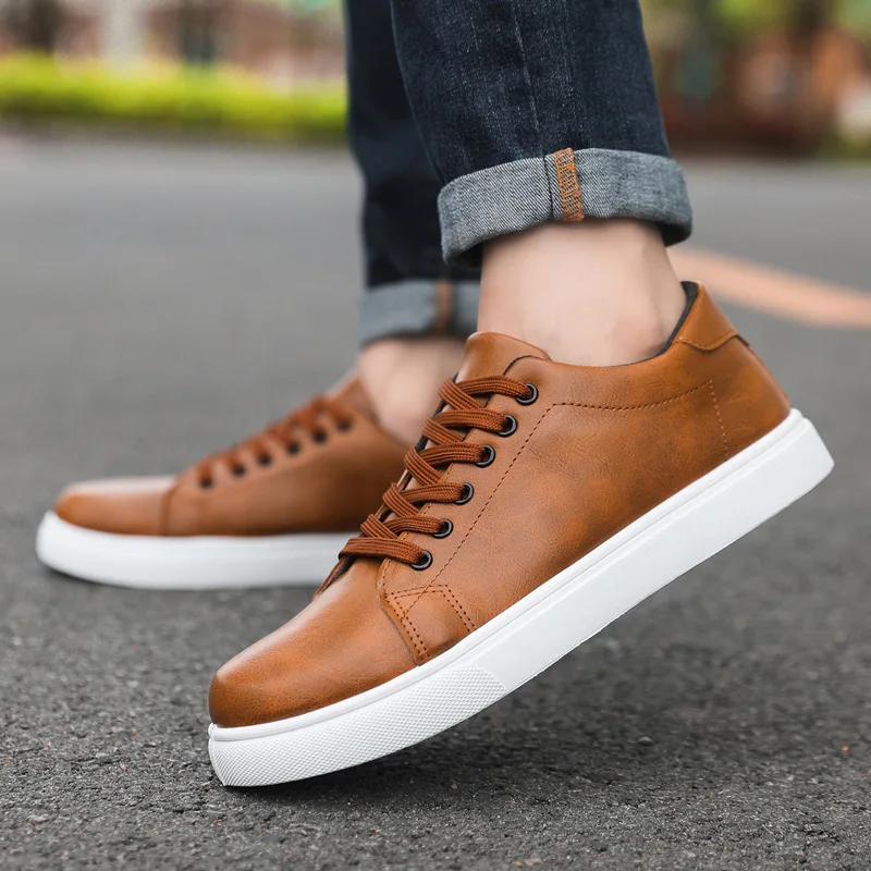 Men's New Casual Leather Shoes for Teenagers, Low Cut White Shoes, Korean Style Trendy Sports Shoes, Board Shoes