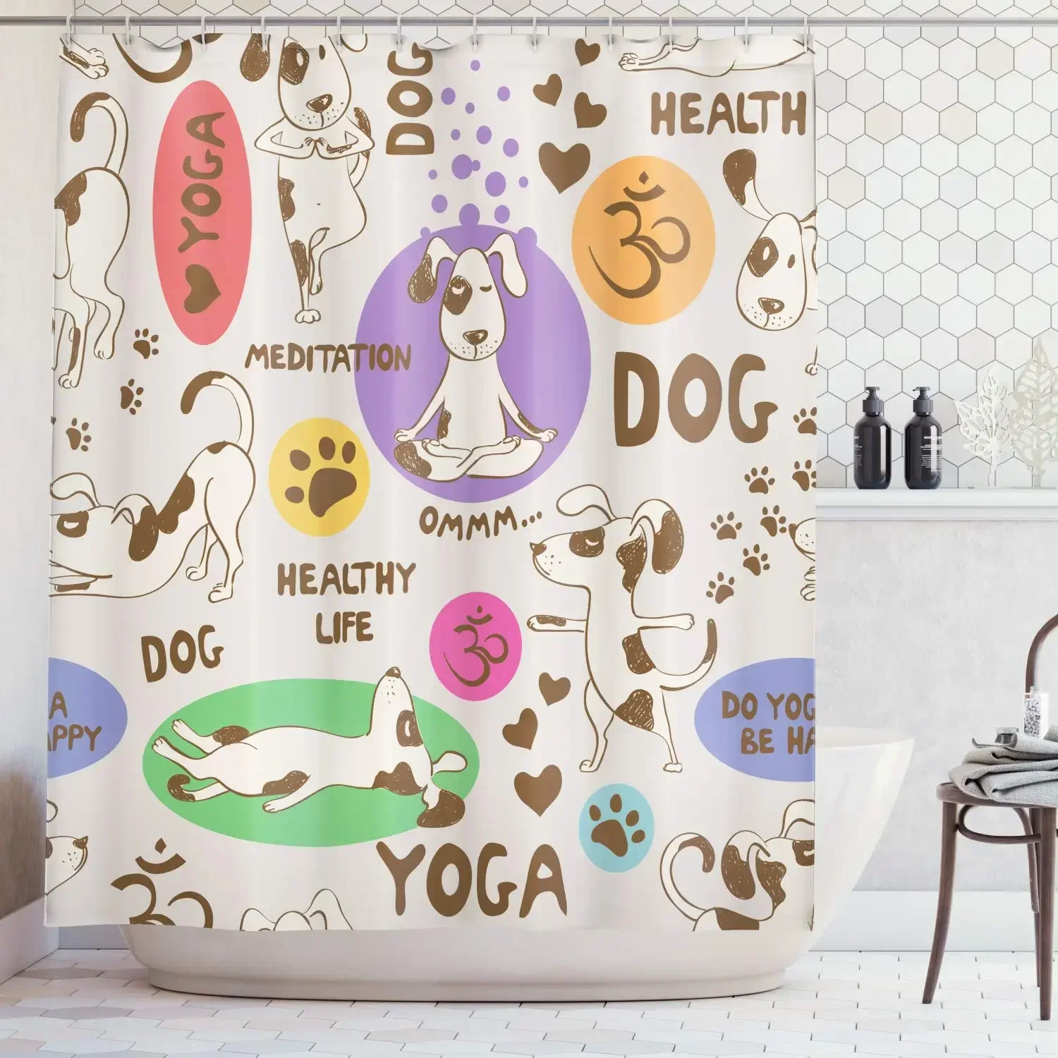 Dog Lover Funny Pattern with Cartoon Dog Doing Yoga Position Bending Stretching Fit Polyester Bathroom Shower Curtain