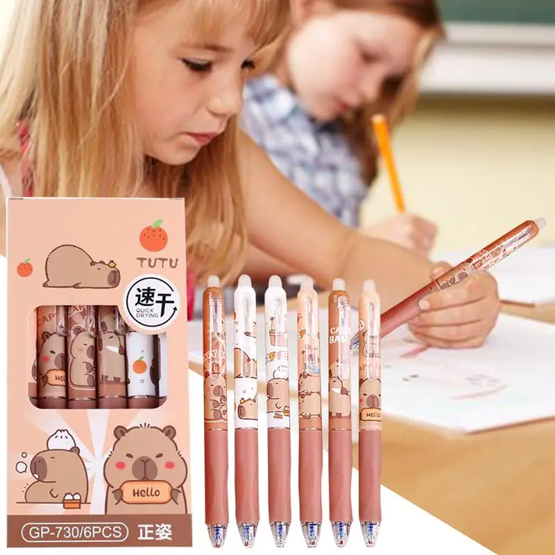 Bolígrafos de Gel de capibara bonitos de dibujos animados, Kawaiis, escritura de secado rápido, bolígrafos neutros suaves y elegantes, papelería estética, 6 uds.