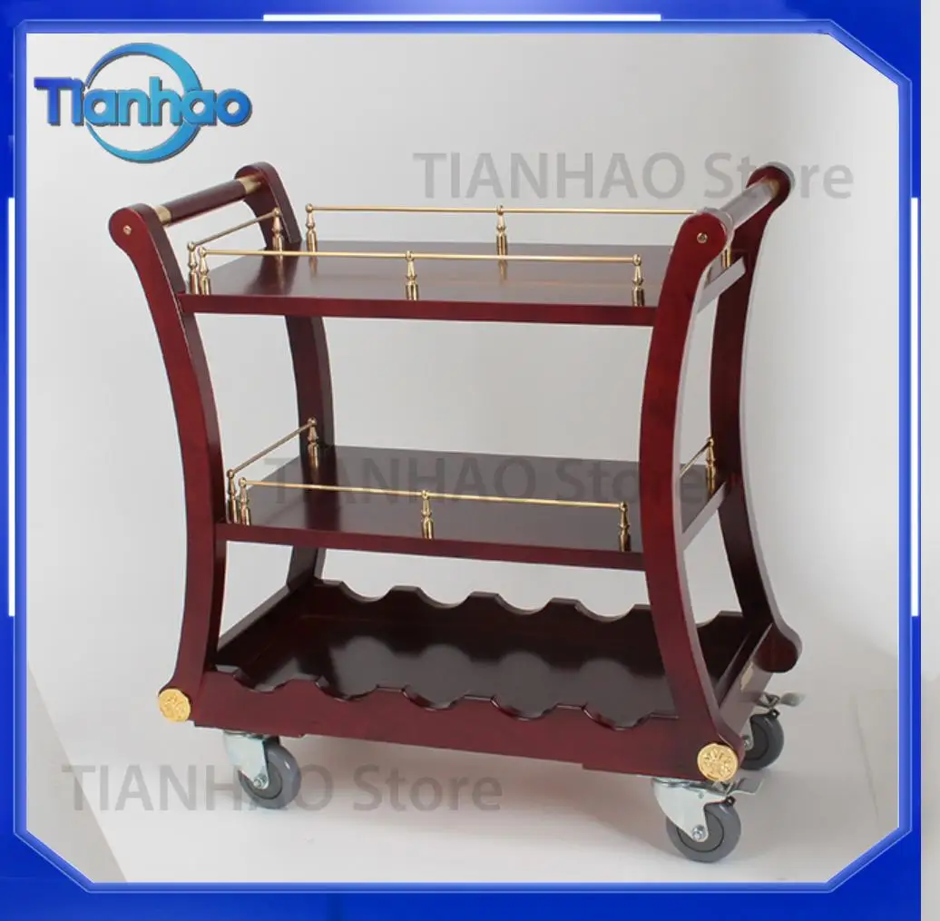 Luxury Modern 3-Tier Wooden Wine Trolley with Gold Accents for Hotel Bar Restaurant Catering Mobile Beverage Service Cart for