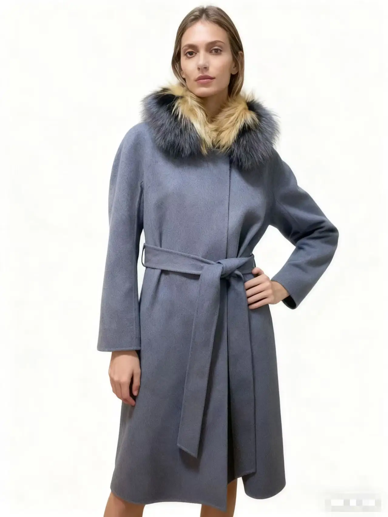 

New Arrival Blue Wool Coat with Detachable Fox Fur Collar Large Size 2025 Fashionable Woolen Jacket