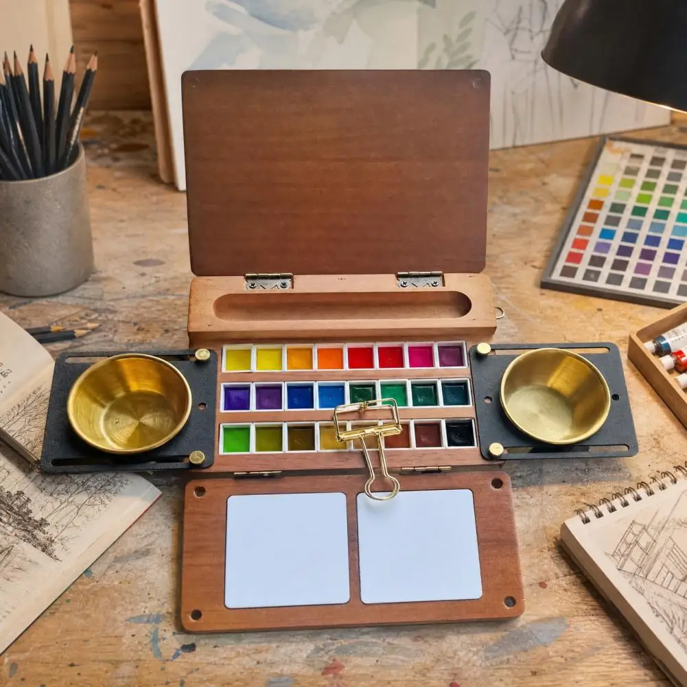 24-Grid Watercolor Palette Box, Travel Paint Palette with Brush Cup Holders, Two Mixing Areas, Wooden Paintbox for Painting