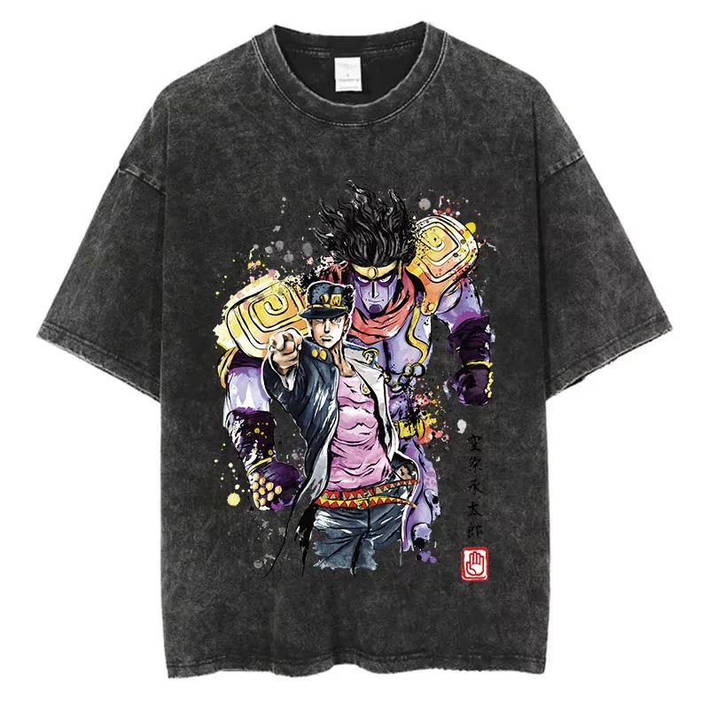 

Vintage Washed TShirt Men Summer Hip Hop Streetwear T-shirt JoJo Bizarre Adventure Anime Print Cotton Casual Short Sleeve Tshirt