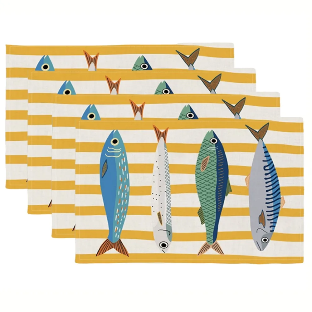 

4PCS 2D Fish Pattern Place Mat Non-Slip Linen-like Texture Dining Mat Stain-resistant Rectangular Table Mat Family Gathering