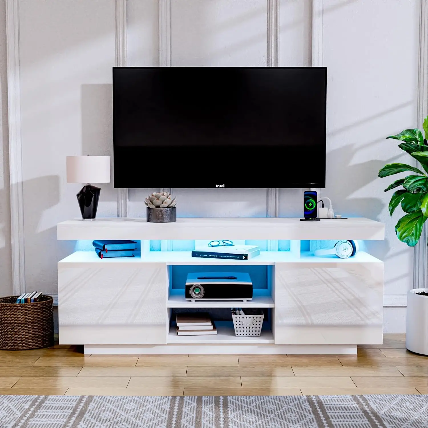 LED TV Stand 65 Inch White Tall Console Power Outlet Storage High Gloss Gaming Media Cabinet Living Room, Customized