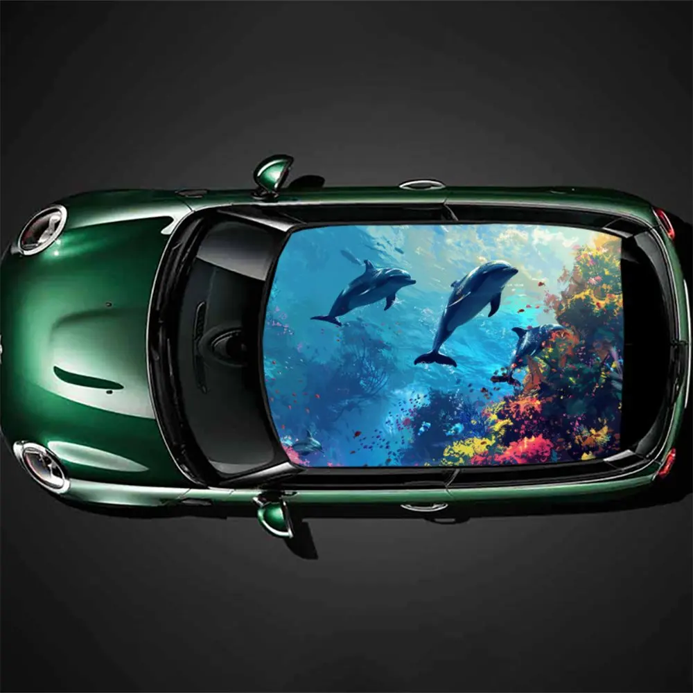 Dolphins Swimming Underwater Car Roof Sticker Wrap Racing SUV Auto Accessories Packaging PVC Car Hood Graphic Decal Decoration