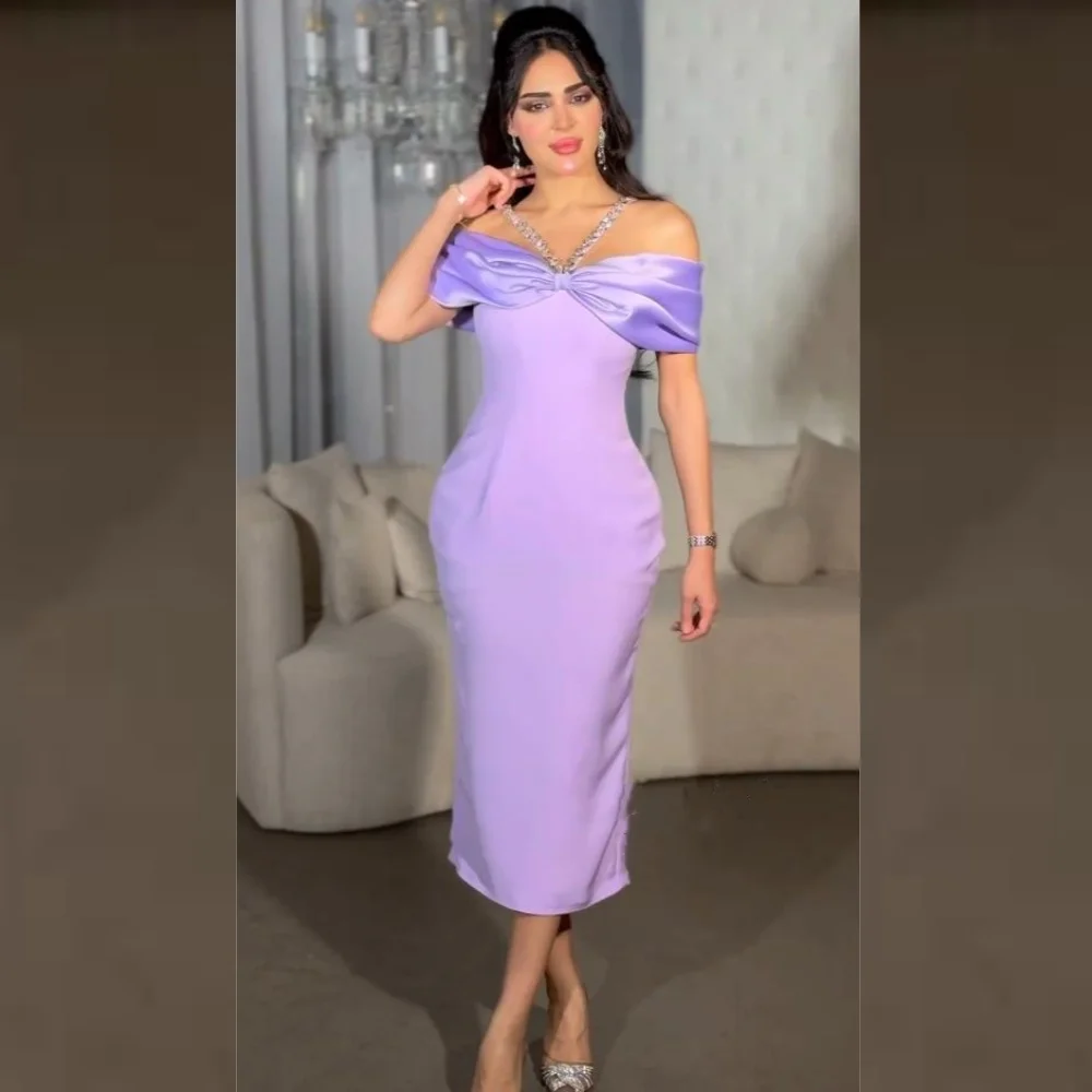 

Jiayigong Sparkle Exquisite Evening Jersey Pleat Bow Valentine's Day A-line Off-the-shoulder Bespoke Occasion Gown Midi Dresses