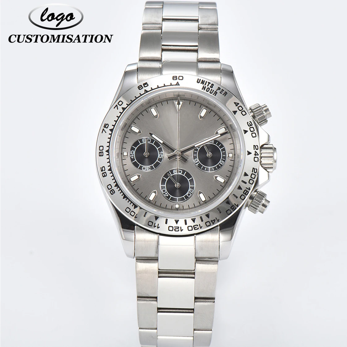 

Customisable LOGO VK63 Movement Grey Dial Watch Sapphire Glass 316L Stainless Steel Strap Water Resistant Everyday Match