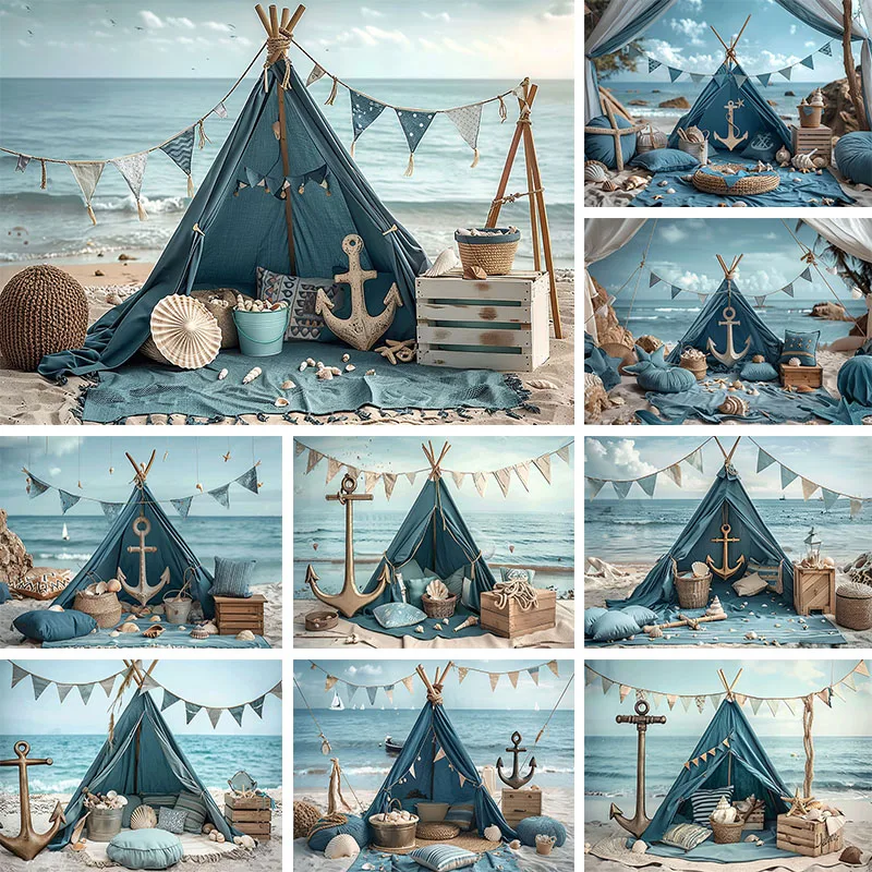 

Photography Background Blue Beach Tent Baby Shower Party Decoration Newborn 1st Birthday Kid Portrait Backdrop Studio Props