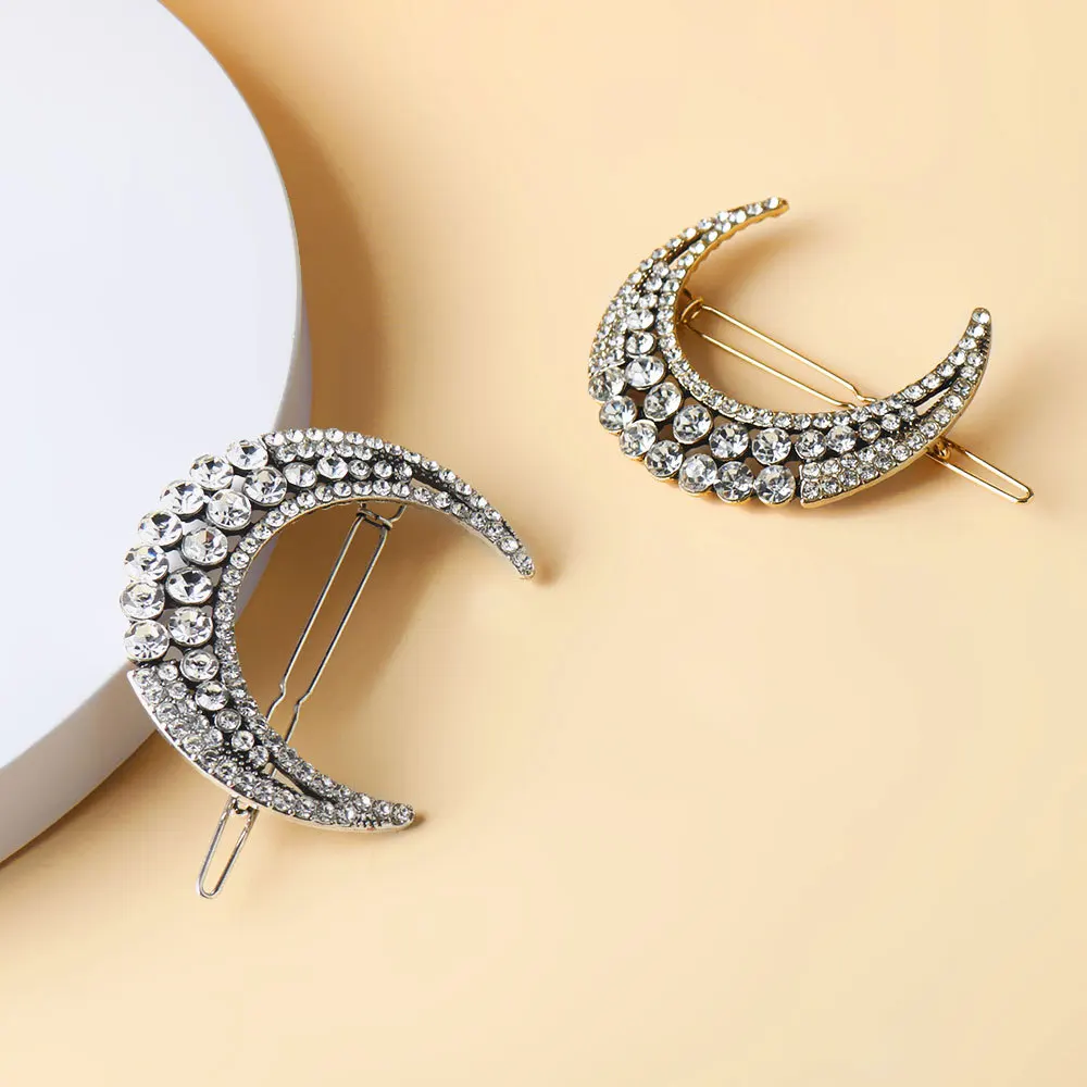 Pince à cheveux en forme de lune en cristal pour femmes, bijoux Vintage, épingles à cheveux, accessoires pour cheveux, argent doré, 1 pièce