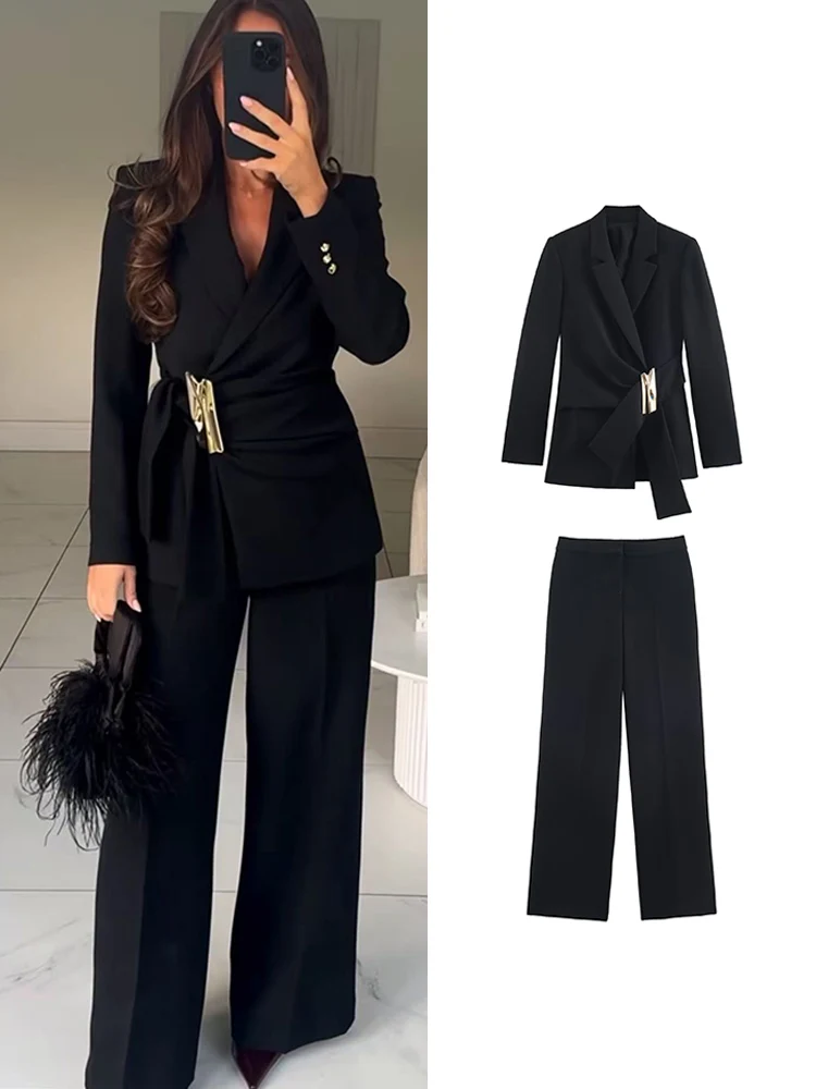 Women Pant 2 Pieces Set V-neck Buckle Decoration Blazer Coat High Waist Pants Female Chic New Office Ladies Fashion Outfits