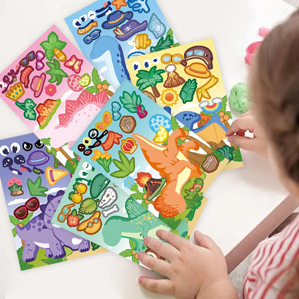 

8/16sheets Dinosaurs Make a Face Puzzle Stickers Make Your Own DIY Cartoon Jigsaw Sticker Game Funny Assemble Education Toy Gift