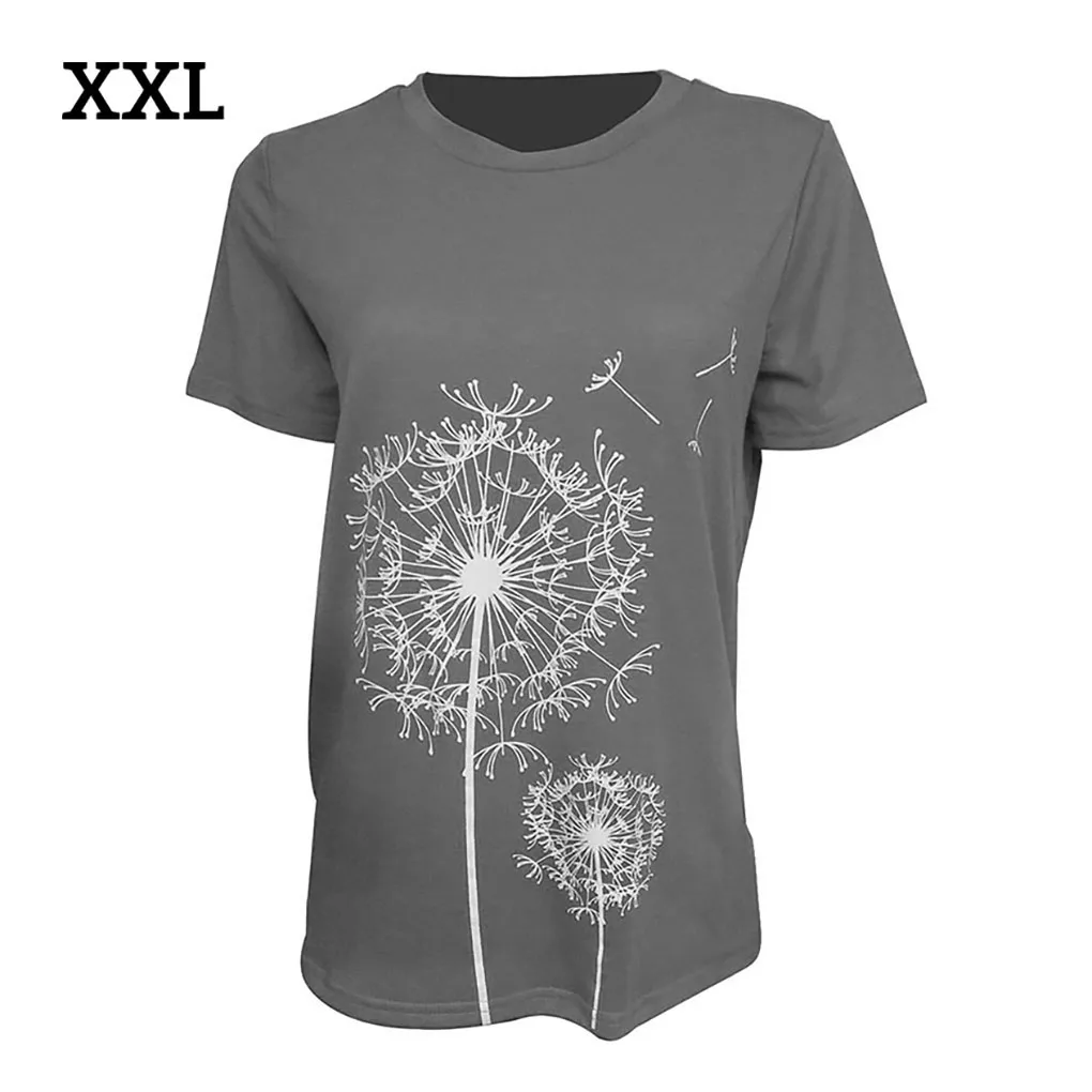 여성 라운드 넥 셔츠 반팔 민들레 플레 스타일 티셔츠 꽃 프린트 의류 패션 액세서리 다크 그레이 M