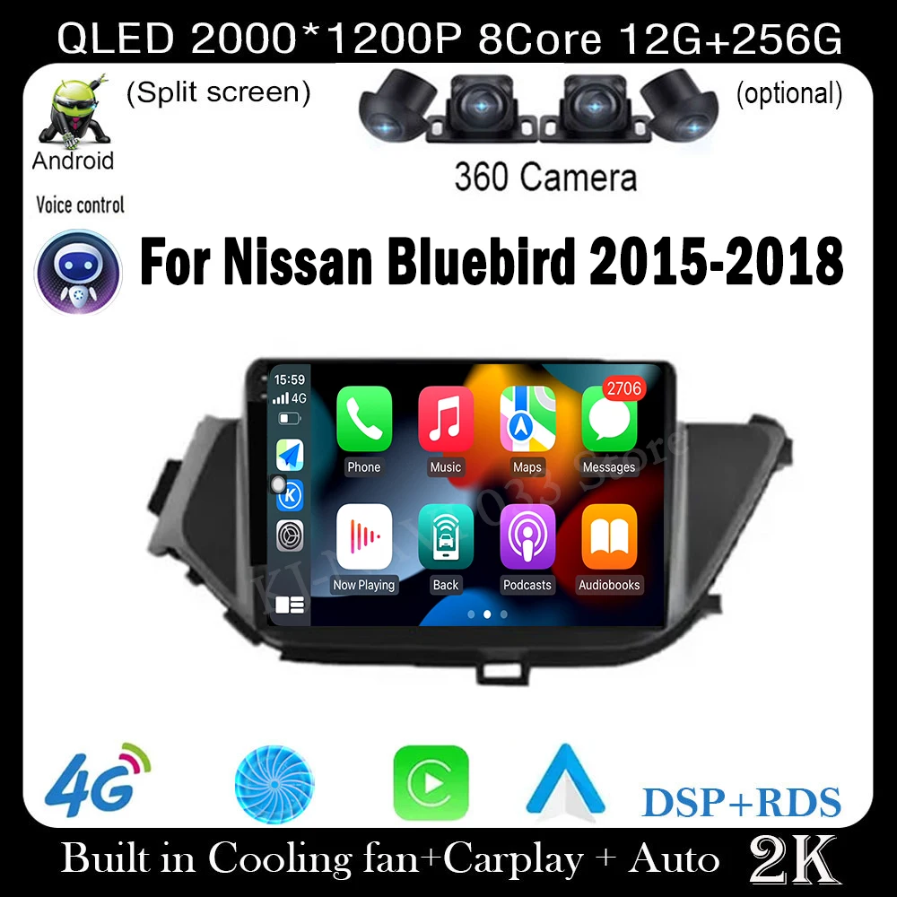 QLED Android 14 For Nissan Bluebird 2015 2016 2017 2018 DSP Car Wifi 4G Lte Video Auto Radio Multimedia Radio GPS Navigation