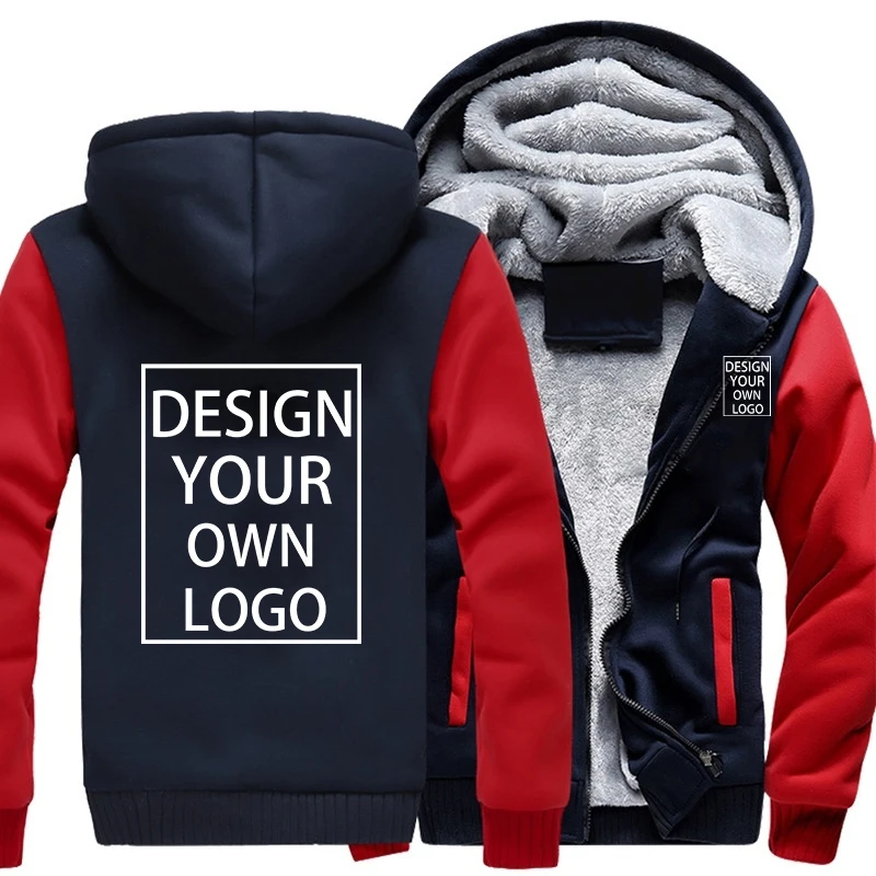Custom Your Logo Men's Winter Thick Jackets Long Sleeve Zip Up Hoodies Fashion Outdoor Warm Loose Coat Personalized Clothing