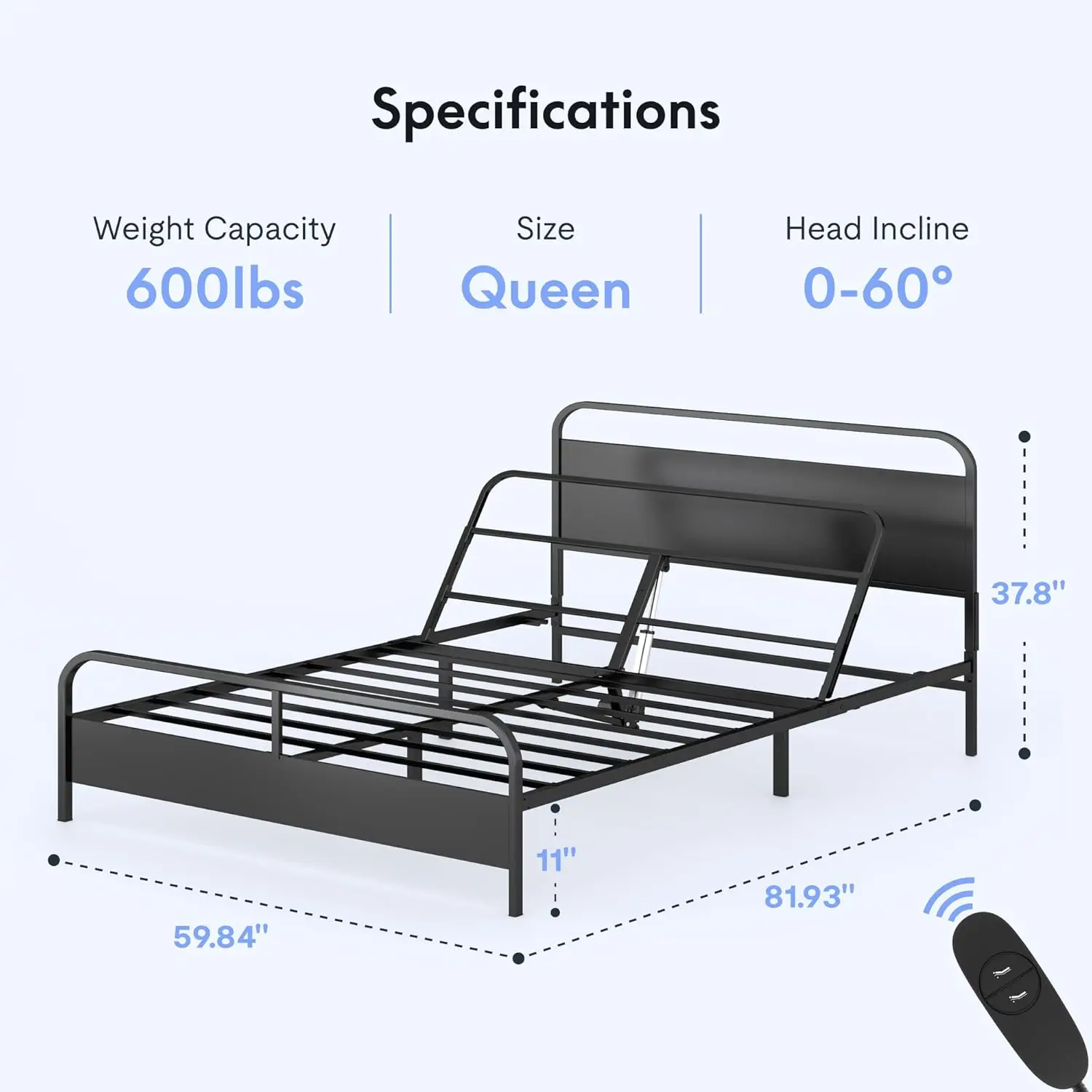 Ergonomic Queen Bed with Adjustable Head Incline, Quiet DC motor, easy assembly