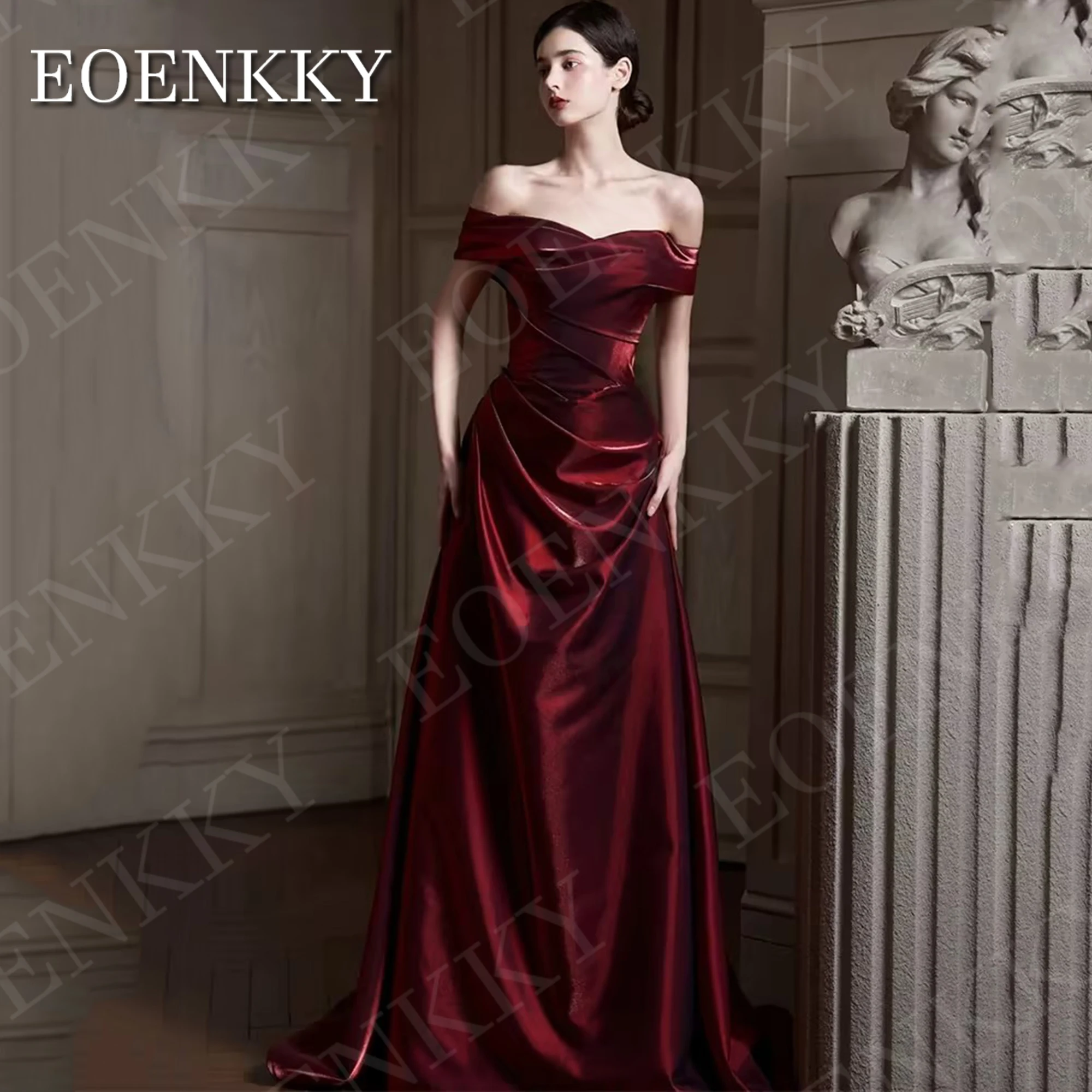 EOENKKY Burgundy Simple A Line Evening Dress Long Customized Satin Pleats Off Shoulder Prom Dresses with Detachable Train Woman