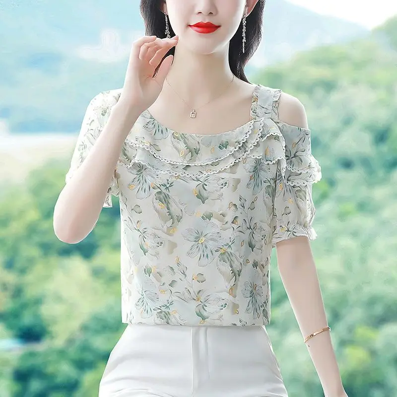 เสื้อชีฟองแขนสั้นผู้หญิงใหม่พิมพ์ลายดอกไม้หลวมแฟชั่นระดับไฮเอนด์