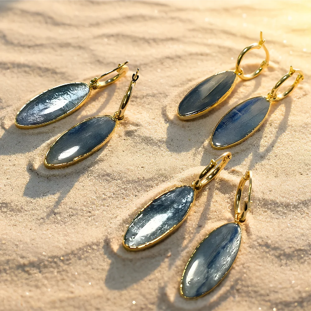 Wholesale Golden Plated Bezel Set Oval Kyanite Huggie Drop Earrings Natural Healing Stone Ear Craft Jewelry E2R257