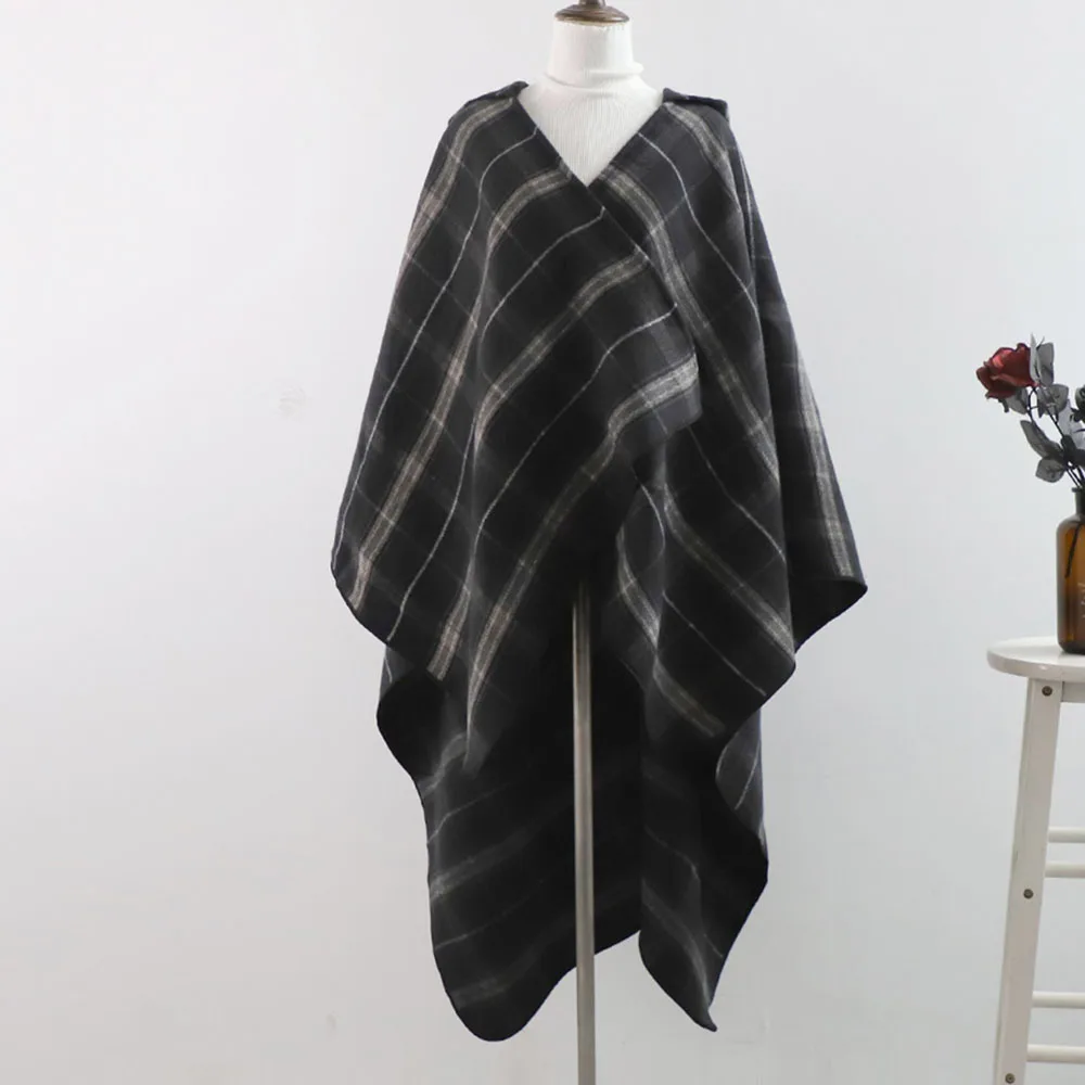 Feminino vintage xadrez poncho capa xale 2023 outono inverno solto streetwear cardigan manto calor capas feminino ponchos xale