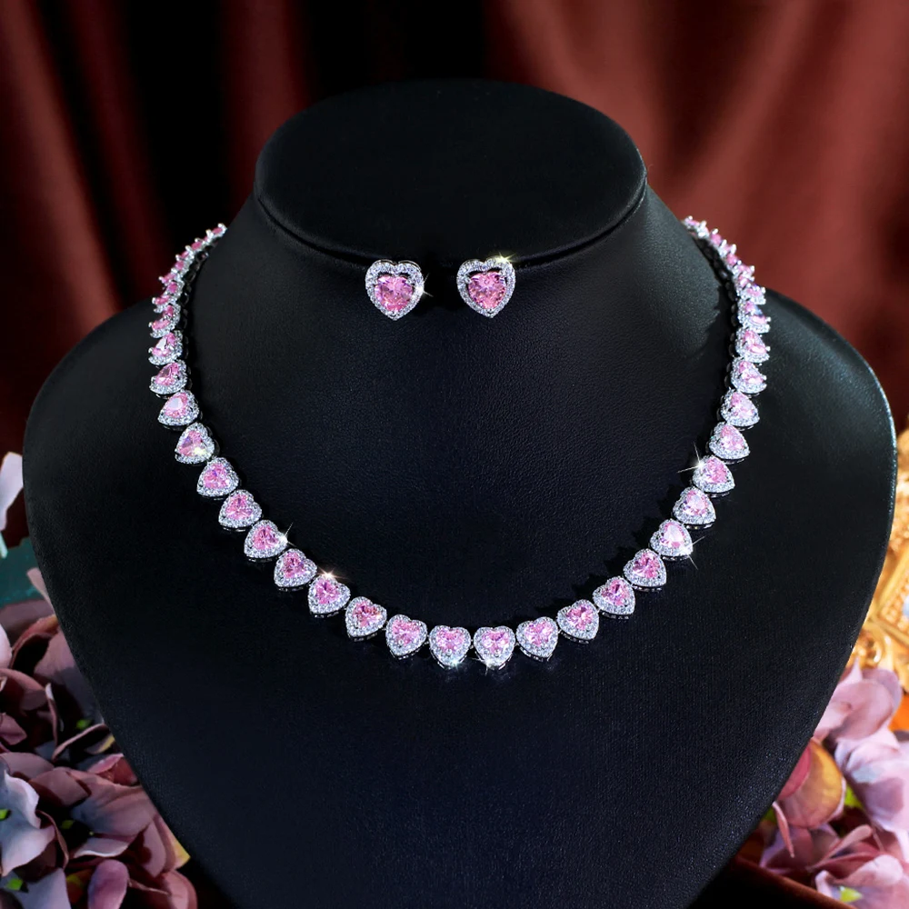 

CWWZircons Elegant Pink Cubic Zirconia Love Heart Shape Women Engagement Wedding Necklace Earrings Sets for Brides Jewelry T0999