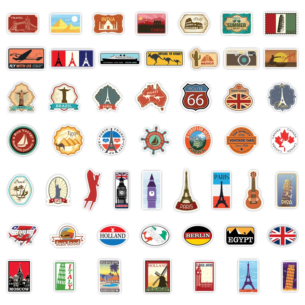 10/50/100pcs World Travel Landmark Graffiti Stickers for Scrapbook Suitcase Water Bottle Phone Laptop Guitar Skateboard Helmet