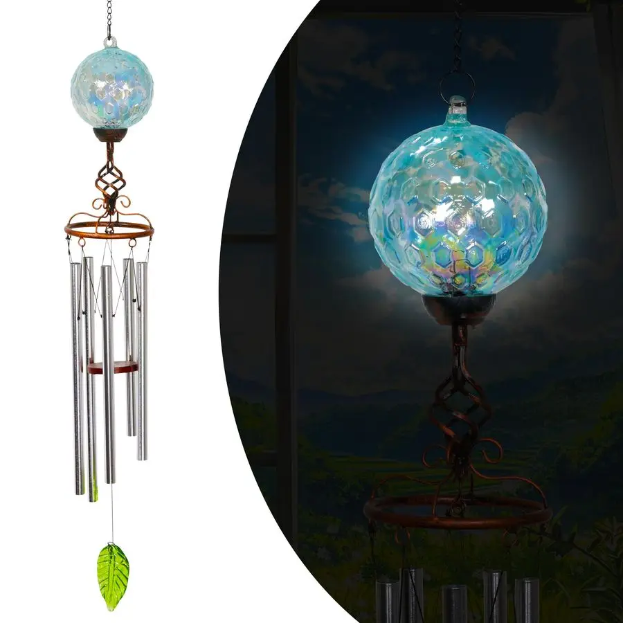 

Ветряные колокольчики, солнечные светодиодные уличные светильники для сада, синие стеклянные и металлические ветряные колокольчики для газона и двора с бронзовым металлическим покрытием