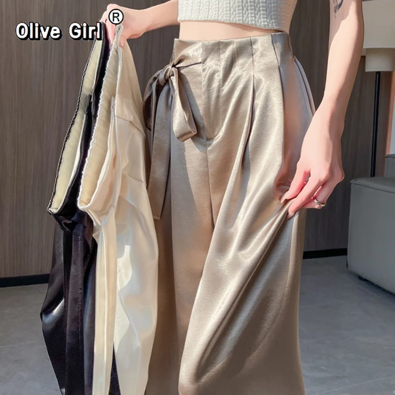 بنطلون نسائي عالي الخصر أنيق من الساتان واسع الساق كامل الطول سروال وشاحات 2026 برباط عالي الخصر بنطلون فضفاض غير رسمي أنثى #1
