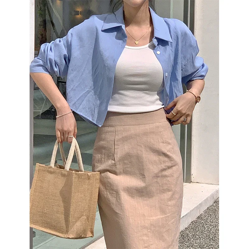 MEXZT Cropped White Split camicie donna eleganti camicette a maniche lunghe Office Ladies moda coreana Solid fessura Casual Chic top nuovo