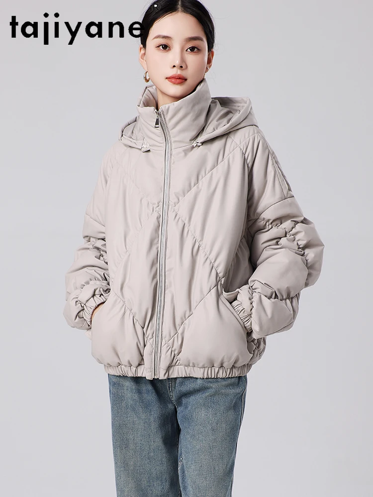 TAJIYANE 100% manteau en duvet de peau de mouton femmes veste en cuir véritable à capuche ample vestes bouffantes grises 2025 vêtements d'hiver pour femmes 상??.킹킹킹