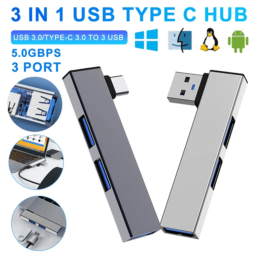 

3 in 1 USB Type C HUB Docking Station OTG USB 3.0/Type-C 3.0 To 3 USB USB Splitter Speed 5.0Gbps 3 Port for PC Computer Laptop
